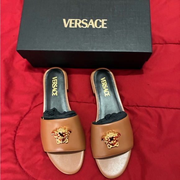 Versace Brown and Gold Embellished Mules - Picture 1 of 3